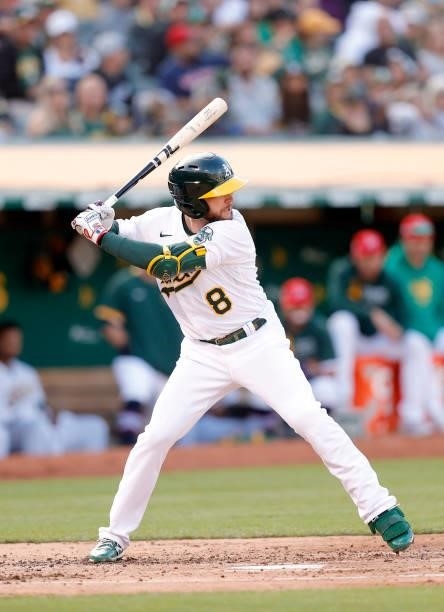 Jed Lowrie of the Oakland Athletics bats against the Boston Red Sox at RingCentral Coliseum on July 02, 2021 in Oakland, California.