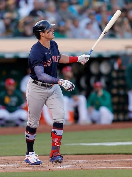 Hunter Renfroe of the Boston Red Sox bats against the Oakland Athletics at RingCentral Coliseum on July 02, 2021 in Oakland, California.