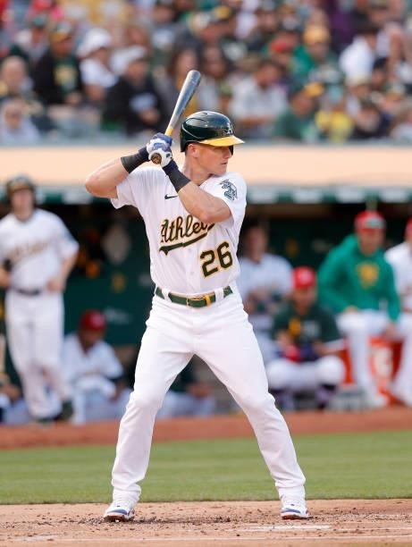 Matt Chapman of the Oakland Athletics bats against the Boston Red Sox at RingCentral Coliseum on July 02, 2021 in Oakland, California.