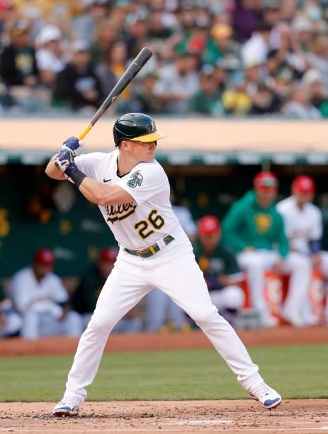 Matt Chapman of the Oakland Athletics bats against the Boston Red Sox at RingCentral Coliseum on July 02, 2021 in Oakland, California.