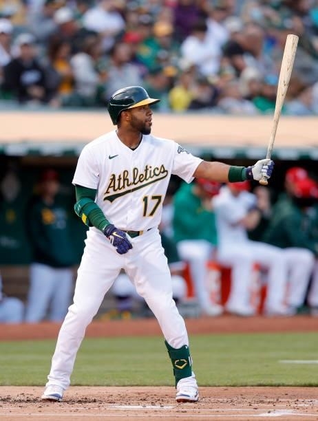 Elvis Andrus of the Oakland Athletics bats against the Boston Red Sox at RingCentral Coliseum on July 02, 2021 in Oakland, California.