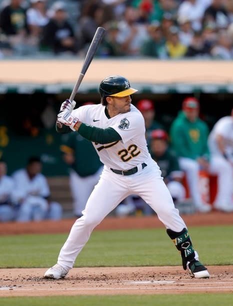 Ramon Laureano of the Oakland Athletics bats against the Boston Red Sox at RingCentral Coliseum on July 02, 2021 in Oakland, California.