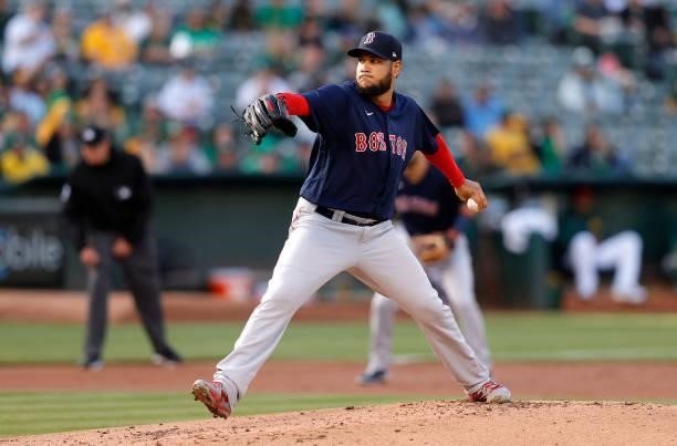 Eduardo Rodriguez of the Boston Red Sox pitches against the Oakland Athletics in the first inning at RingCentral Coliseum on July 02, 2021 in...