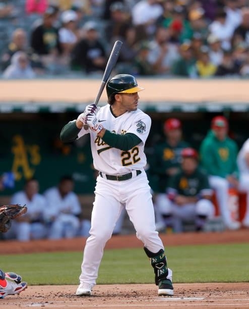 Ramon Laureano of the Oakland Athletics bats against the Boston Red Sox at RingCentral Coliseum on July 02, 2021 in Oakland, California.
