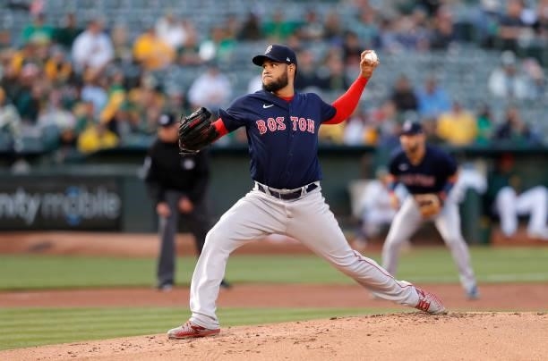 Eduardo Rodriguez of the Boston Red Sox pitches against the Oakland Athletics in the first inning at RingCentral Coliseum on July 02, 2021 in...