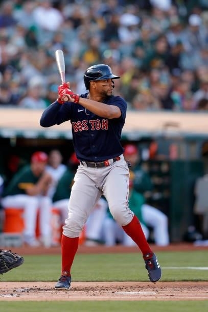 Xander Bogaerts of the Boston Red Sox bats against the Oakland Athletics at RingCentral Coliseum on July 02, 2021 in Oakland, California.