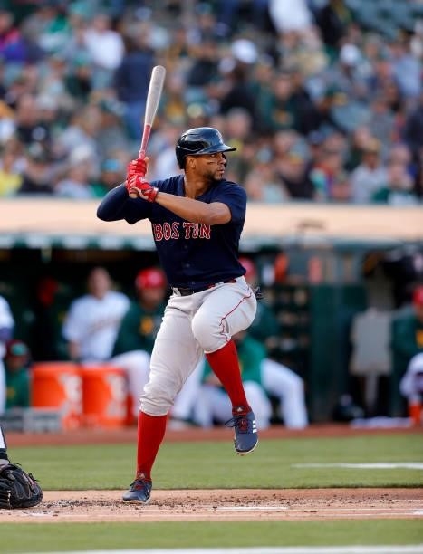 Xander Bogaerts of the Boston Red Sox bats against the Oakland Athletics at RingCentral Coliseum on July 02, 2021 in Oakland, California.
