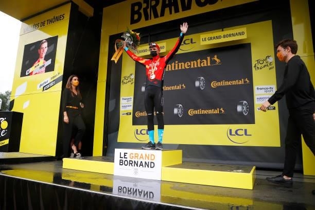 Dylan Teuns of Belgium and Team Bahrain - Victorious celebrates at podium during the 108th Tour de France 2021, Stage 8 a 150,8km stage from Oyonnax...
