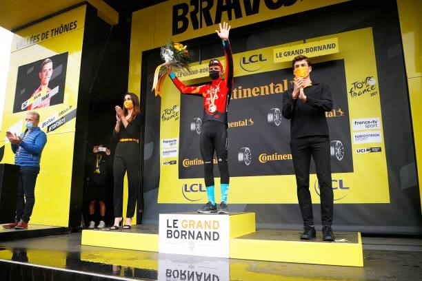 Dylan Teuns of Belgium and Team Bahrain - Victorious celebrates at podium during the 108th Tour de France 2021, Stage 8 a 150,8km stage from Oyonnax...