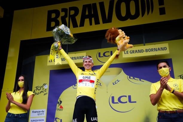 Tadej Pogačar of Slovenia and UAE-Team Emirates Yellow Leader Jersey celebrates at podium during the 108th Tour de France 2021, Stage 8 a 150,8km...
