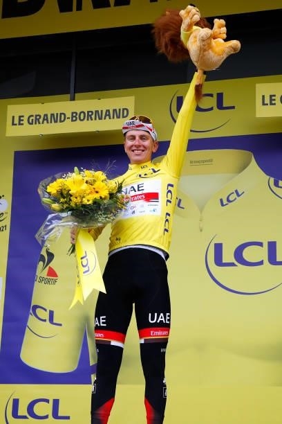 Tadej Pogačar of Slovenia and UAE-Team Emirates Yellow Leader Jersey celebrates at podium during the 108th Tour de France 2021, Stage 8 a 150,8km...