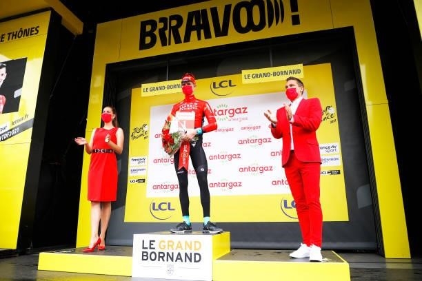 Wout Poels of The Netherlands and Team Bahrain - Victorious Most Combative Rider celebrates at podium during the 108th Tour de France 2021, Stage 8 a...