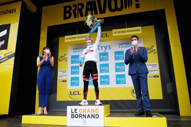 Tadej Pogačar of Slovenia and UAE-Team Emirates White Best Young Rider Jersey celebrates at podium during the 108th Tour de France 2021, Stage 8 a...