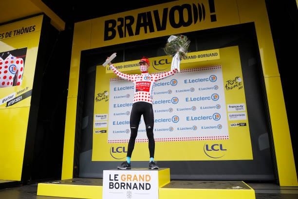 Wout Poels of The Netherlands and Team Bahrain - Victorious Polka Dot Mountain Jersey celebrates at podium during the 108th Tour de France 2021,...