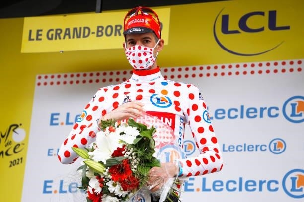 Wout Poels of The Netherlands and Team Bahrain - Victorious Polka Dot Mountain Jersey celebrates at podium during the 108th Tour de France 2021,...