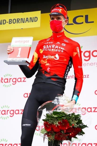 Wout Poels of The Netherlands and Team Bahrain - Victorious Most Combative Rider celebrates at podium during the 108th Tour de France 2021, Stage 8 a...