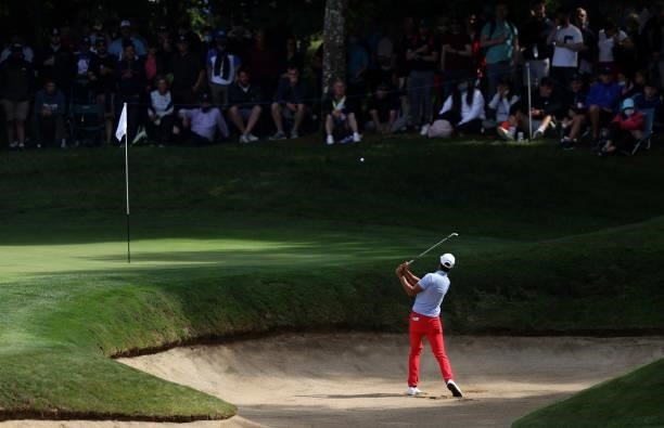 Johannes Veerman of United States plays from the greenside bunker on the 14th hole during Day Three of The Dubai Duty Free Irish Open at Mount Juliet...