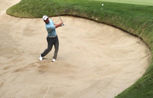 Lucas Herbert of Australia plays from the green-side bunker on the 14th hole during Day Three of The Dubai Duty Free Irish Open at Mount Juliet Golf...