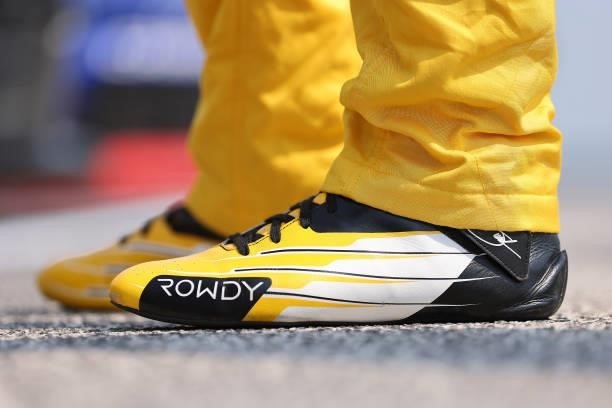 Detail of the shoes worn by Kyle Busch, driver of the M&M's Ice Cream Toyota, on the grid during the NASCAR Xfinity Series Henry 180 at Road America...