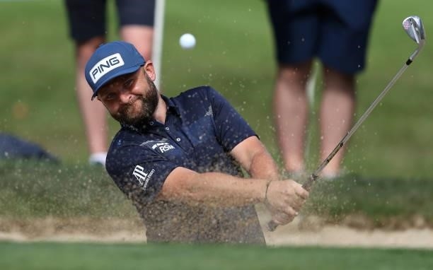 Andy Sullivan of England plays from the green-side bunker on the 14th during Day Three of The Dubai Duty Free Irish Open at Mount Juliet Golf Club on...