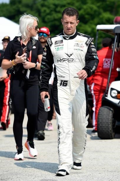 Allmendinger, driver of the Hyperice Chevrolet, walks the grid during the NASCAR Xfinity Series Henry 180 at Road America on July 03, 2021 in Elkhart...