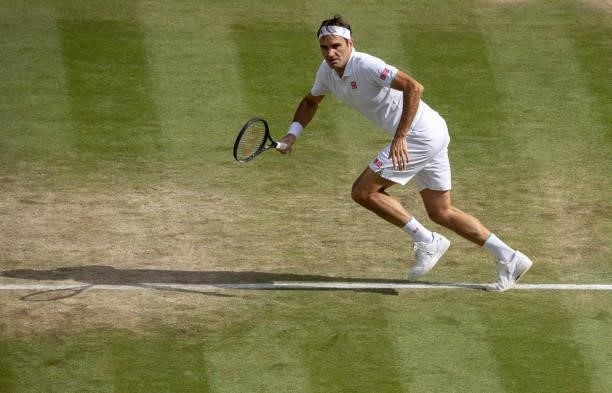 Roger Federer of Switzerland in action during his men's singles third round match against Cameron Norrie of Great Britain during Day Six of The...