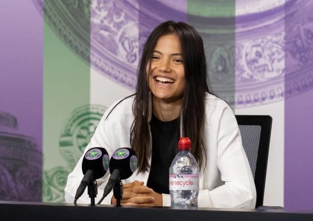 Emma Raducanu of Great Britain attends a press conference in the Main Interview Room after victory in her Ladies' Singles third Round match against...