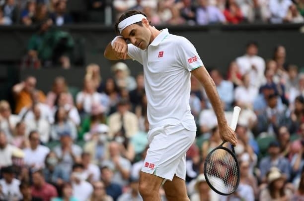 Roger Federer of Switzerland reacts during his men's singles third round match against Cameron Norrie of Great Britain during Day Six of The...