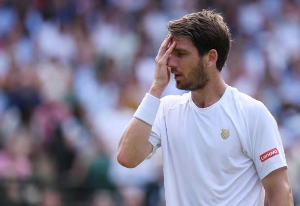 Cameron Norrie of Great Britain reacts during his men's singles third round match against Roger Federer of Switzerland during Day Six of The...