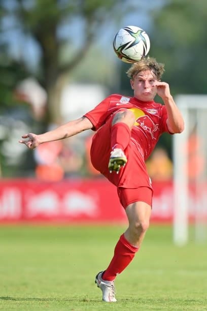 Kilian Ludewig of FC Red Bull Salzburg plays the ball during the Pre-Season Friendly match between FC Red Bull Salzburg and AS Monaco at Maximarkt...