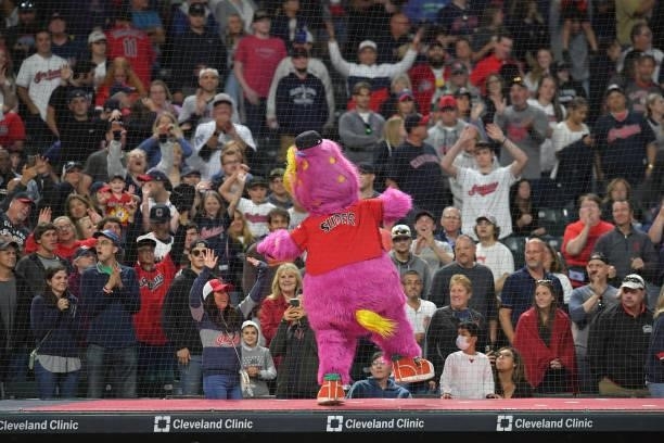 Cleveland Indians mascot Slider dances on the dugout during the eighth inning against the Houston Astros at Progressive Field on July 02, 2021 in...