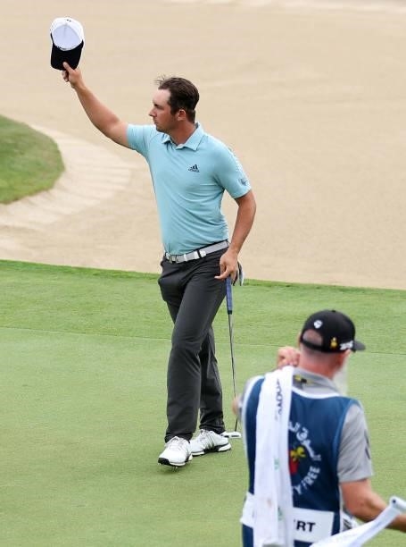 Lucas Herbert of Australia acknowledges the applause on the 18th green during Day Three of The Dubai Duty Free Irish Open at Mount Juliet Golf Club...