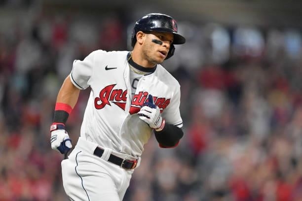Cesar Hernandez of the Cleveland Indians rounds the bases on a three run homer during the sixth inning against the Houston Astros at Progressive...
