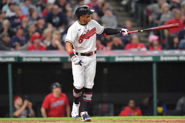 Cesar Hernandez of the Cleveland Indians hits a three run homer during the sixth inning against the Houston Astros at Progressive Field on July 02,...