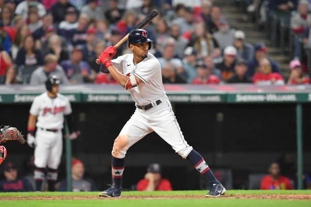 Oscar Mercado of the Cleveland Indians at bat during the sixth inning against the Houston Astros at Progressive Field on July 02, 2021 in Cleveland,...
