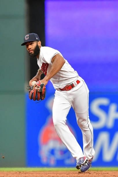 Shortstop Amed Rosario of the Cleveland Indians throws out Taylor Jones of the Houston Astros at first during the sixth inning at Progressive Field...
