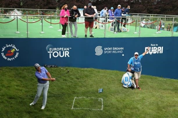 Richard Bland of England chips onto the 18th green during Day Three of The Dubai Duty Free Irish Open at Mount Juliet Golf Club on July 03, 2021 in...