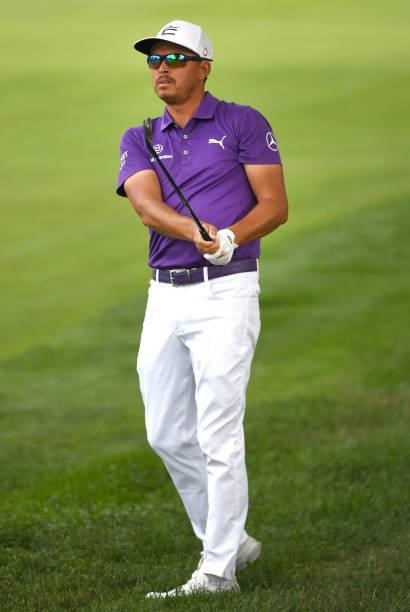 Rickie Fowler plays his shot on the second hole during the third round of the Rocket Mortgage Classic on July 03, 2021 at the Detroit Golf Club in...