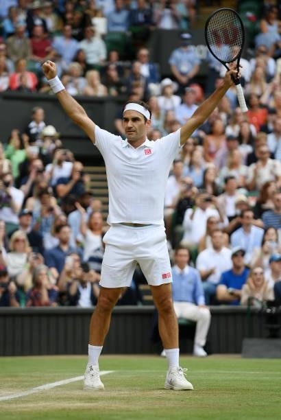 Roger Federer of Switzerland celebrates match point during his men's singles third round match against Cameron Norrie of Great Britain during Day Six...