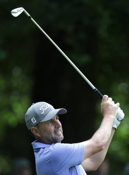 Richard Bland of England tees off on the 12th hole during Day Three of The Dubai Duty Free Irish Open at Mount Juliet Golf Club on July 03, 2021 in...