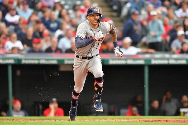Carlos Correa of the Houston Astros runs out an RBI double during the third inning against the Cleveland Indians at Progressive Field on July 02,...