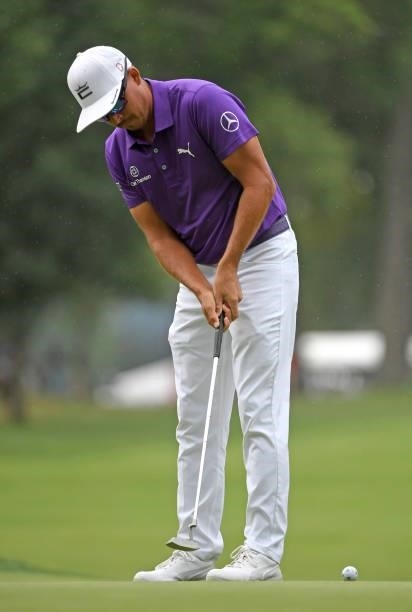 Rickie Fowler putts on the first hole during the third round of the Rocket Mortgage Classic on July 03, 2021 at the Detroit Golf Club in Detroit,...