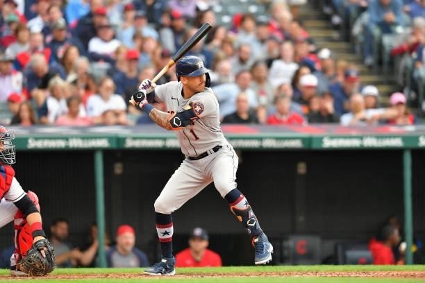 Carlos Correa of the Houston Astros at bat during the third inning against the Cleveland Indians at Progressive Field on July 02, 2021 in Cleveland,...