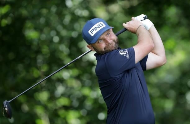 Andy Sullivan of England tees off on the 12th hole during Day Three of The Dubai Duty Free Irish Open at Mount Juliet Golf Club on July 03, 2021 in...