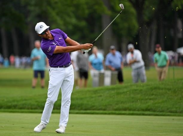 Rickie Fowler plays his shot on the third hole during the third round of the Rocket Mortgage Classic on July 03, 2021 at the Detroit Golf Club in...
