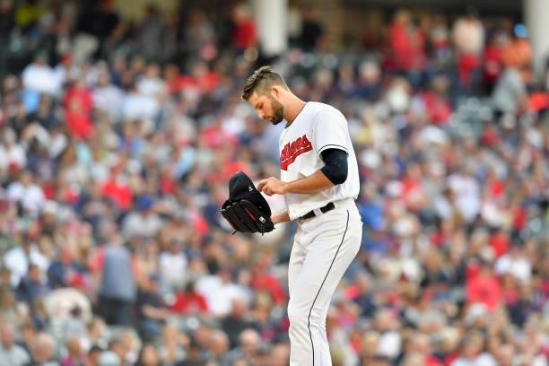 Starting pitcher Sam Hentges of the Cleveland Indians pauses on the mound during the third inning against the Houston Astros at Progressive Field on...
