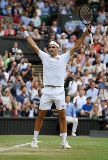 Roger Federer of Switzerland celebrates match point during his men's singles third round match against Cameron Norrie of Great Britain during Day Six...