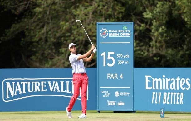 Johannes Veerman of United States tees off on the 15th hole during Day Three of The Dubai Duty Free Irish Open at Mount Juliet Golf Club on July 03,...