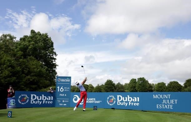Johannes Veerman of United States tees off on the 16th hole during Day Three of The Dubai Duty Free Irish Open at Mount Juliet Golf Club on July 03,...