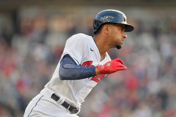 Oscar Mercado of the Cleveland Indians runs out a triple during the second inning against the Houston Astros at Progressive Field on July 02, 2021 in...
